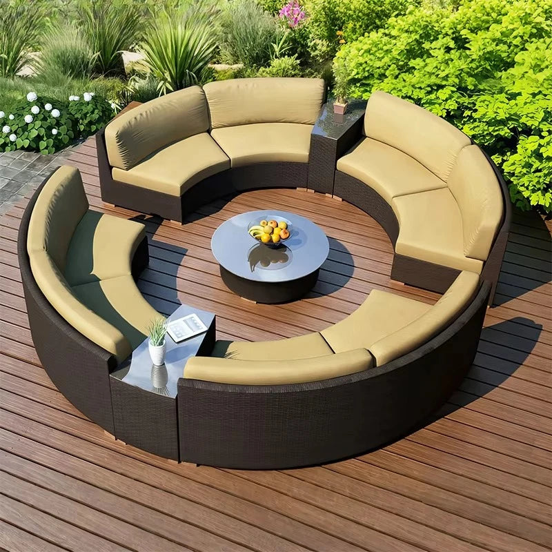 Outdoor Round Rattan Sofa Set Stay Garden Courtyard Curved Rattan Sofa Sectional for Home Outdoor Furniture Modern Patio Set