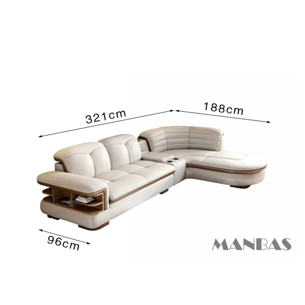 L-Shaped Genuine Leather Sectional Sofa Sets with USB, Bluetooth Speaker