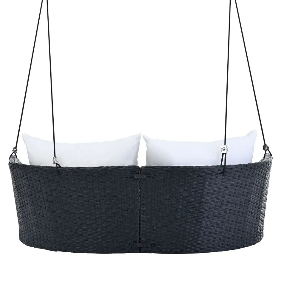 GO 51.9 2Person Hanging Seat Rattan Woven Swing Chair Porch Swing With Ropes Black Wicker And White Cushion