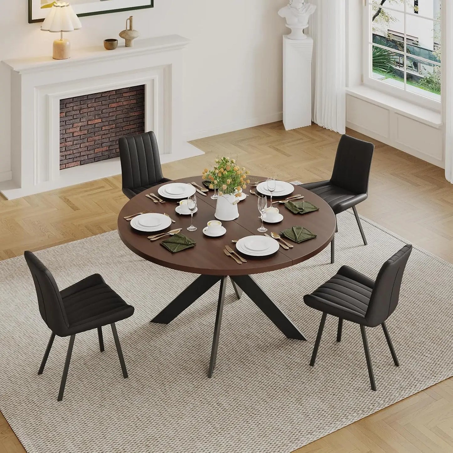 Mid-Century Modern Round Dining Table Set for 4, Walnut Wood Table & Black Chairs, Small Space Furniture