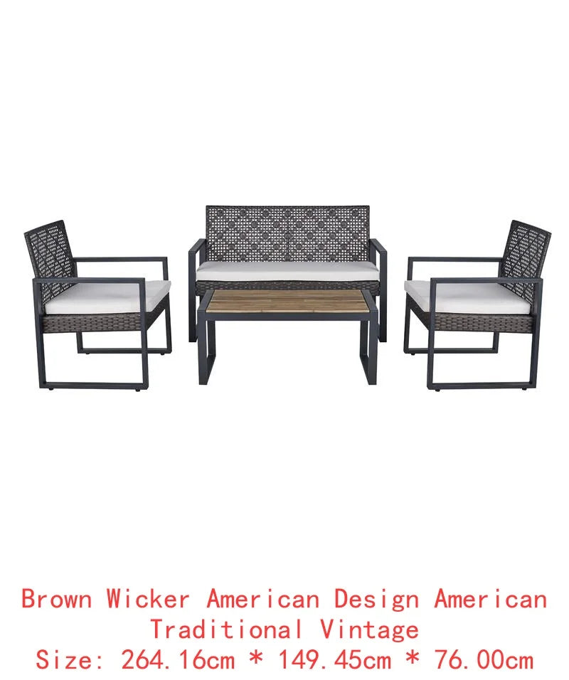 4-Piece Outdoor Patio Furniture Set for Balcony Garden Lawn, Gray Acacia Wood Table, Blue Cushions, Light Gray Rattan