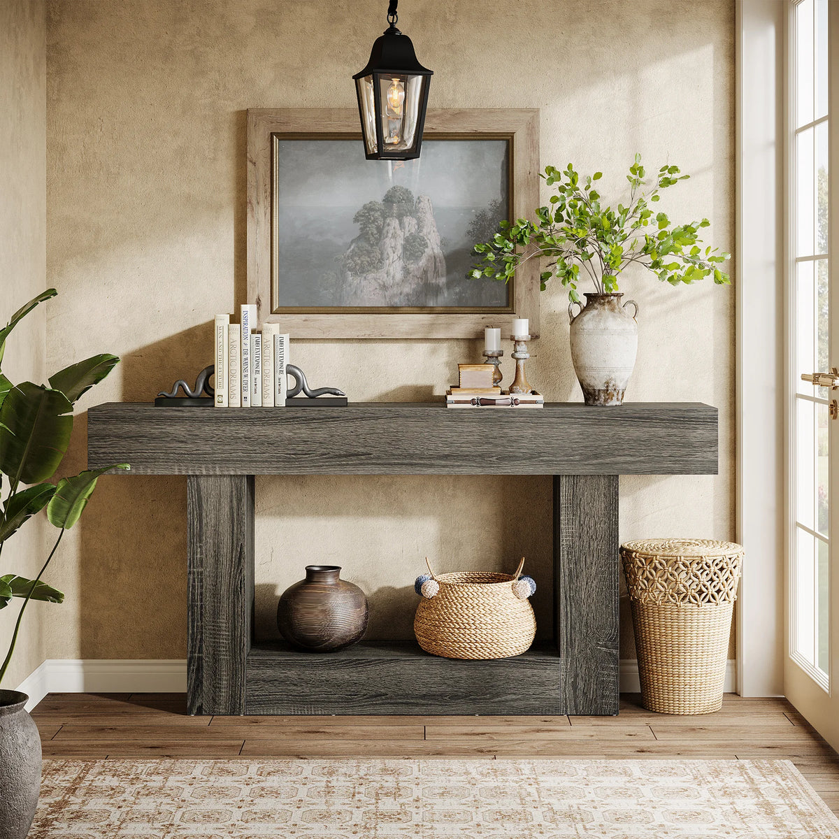 Rustic 2-Tier 63 Console Table with Storage for Entryway, Living Room, and Hallway in Brown & Gray
