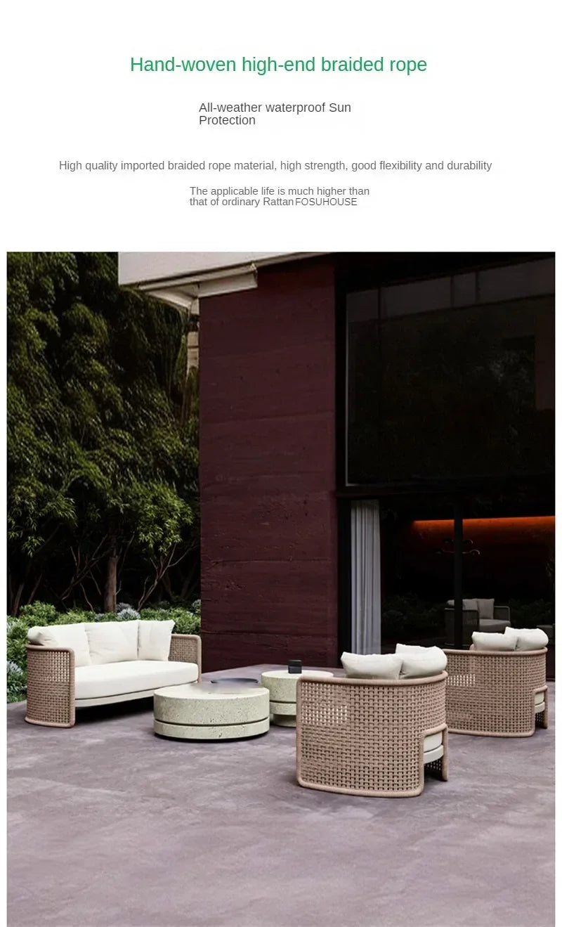 Luxury Rattan Outdoor Sofas Retro Garden Furniture Leisure Home Balcony Patio Set Nordic Rainproof and Sunproof Rope Sofa Chair