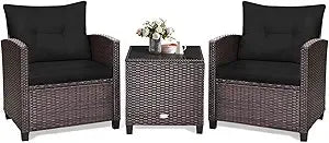 3 Piece Patio Furniture Set, Outdoor Conversation Set with Washable Cushions & Tempered Glass Tabletop, PE Rattan Wicker Bistro