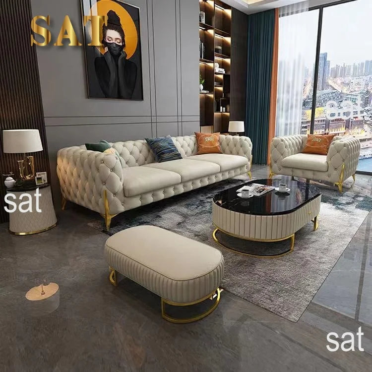 leather sofa setLight luxury sofa combination high-end living room furniture  Italian stainless steel modern art