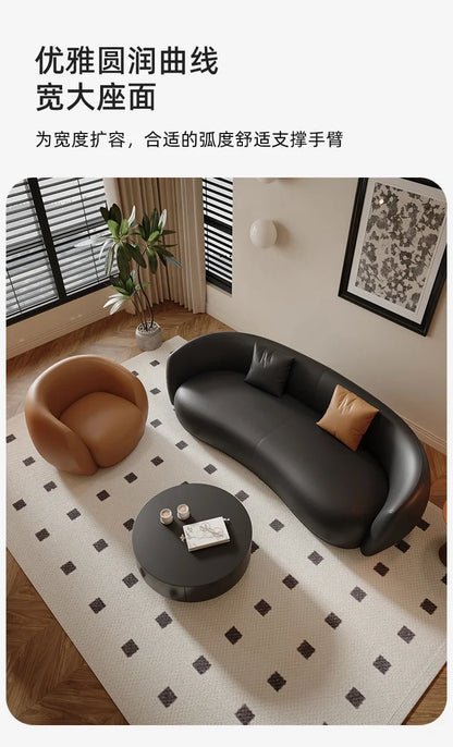 small apartment curved beauty salon Internet celebrity clothing store, rest area negotiation, black leather sofa