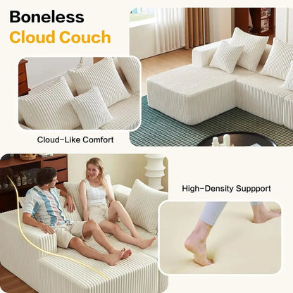 Cloud Sectional Couch, Boneless Sofa for Living Room, Corduroy Modular Couch with L Shape Chaise, Modern Compressed Sofa in a Bo