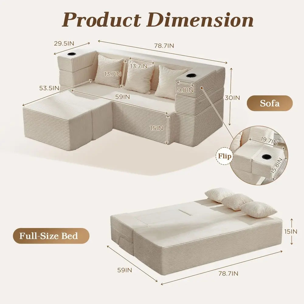 78.7 Sleeper Ottoman Sofa Bed for Small Space, FullLength Folding Memory Foam Couch in a Box with 2 Ottomans amp FlipUp Armrest