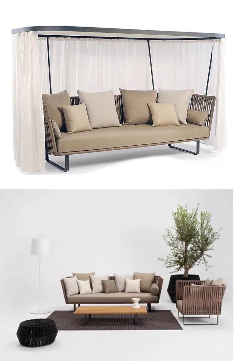 Outdoor Sofa Sunscreen Waterproof Courtyard Terrace Balcony Leisure Rattan Chair Sofa Double Card Seat Rattan Sofa Furniture