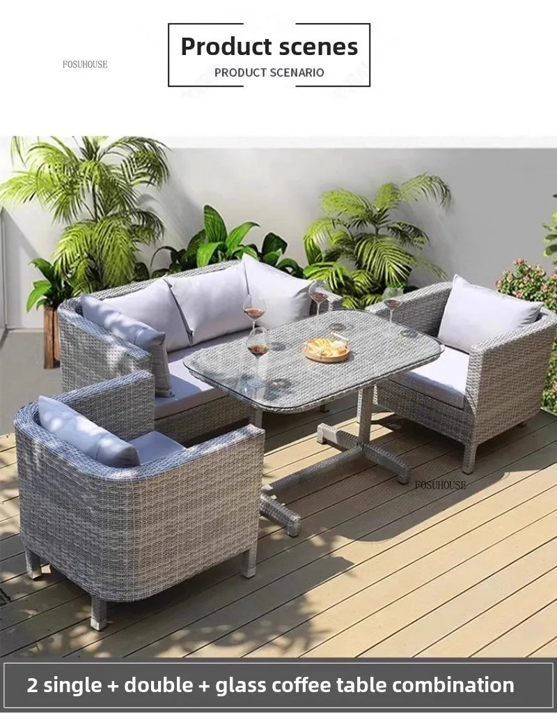 European Outdoor Garden Sofas Leisure PE Rattan Garden Terrace Sofa Chair Set Courtyard Balcony Double Sofa Outdoor Furniture AA