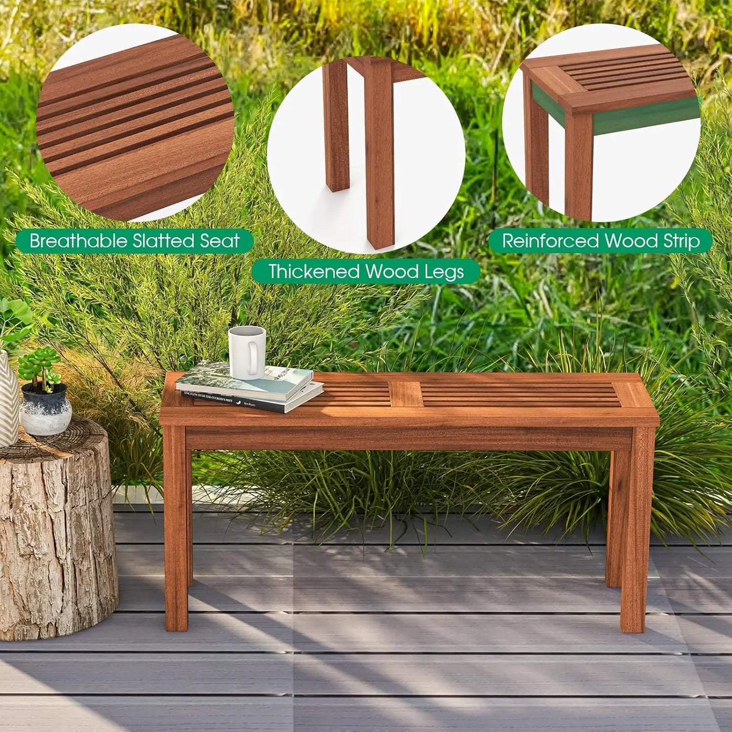 Banc en bois massif pour 2 personnes, siège à lattes, cadre stable, intérieur/extérieur, salle à manger, 39,5 pouces, personnalisé