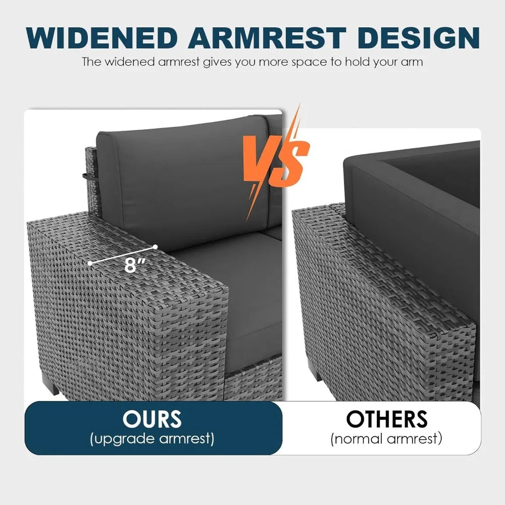 gray wicker outdoor patio furniture set with fire pit and thick cushions