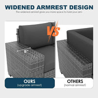 gray wicker outdoor patio furniture set with fire pit and thick cushions