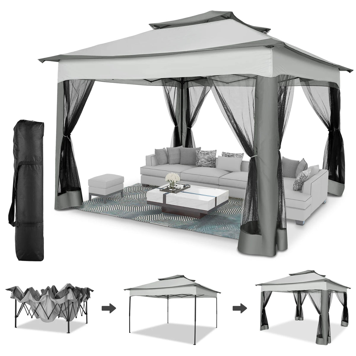 11x11 Pop up Gazebo on Clearance with Mosquito Netting&Sandbags, Outdoor Canopy Tent with 4 Ropes 8 Stakes&Portable Carrying Bag