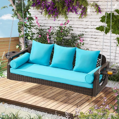 3 Seat Porch Swing, Wicker Patio Swing with Cup Holders & 3 Back Cushions, Yard Swing with Chains for Deck Garden Backyard