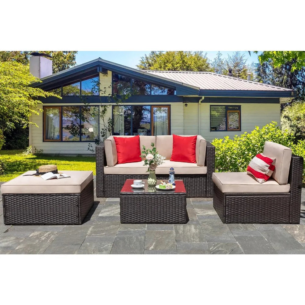 Vongrasig 5 Piece Patio Furniture Sets, All-Weather PE Rattan Wicker Outdoor Sectional Couch, Small Patio Conversation Set with