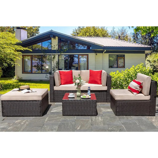 5 Piece Patio Furniture Sets, All-Weather PE Rattan Wicker Outdoor Sectional Couch, Small Patio Conversation Set