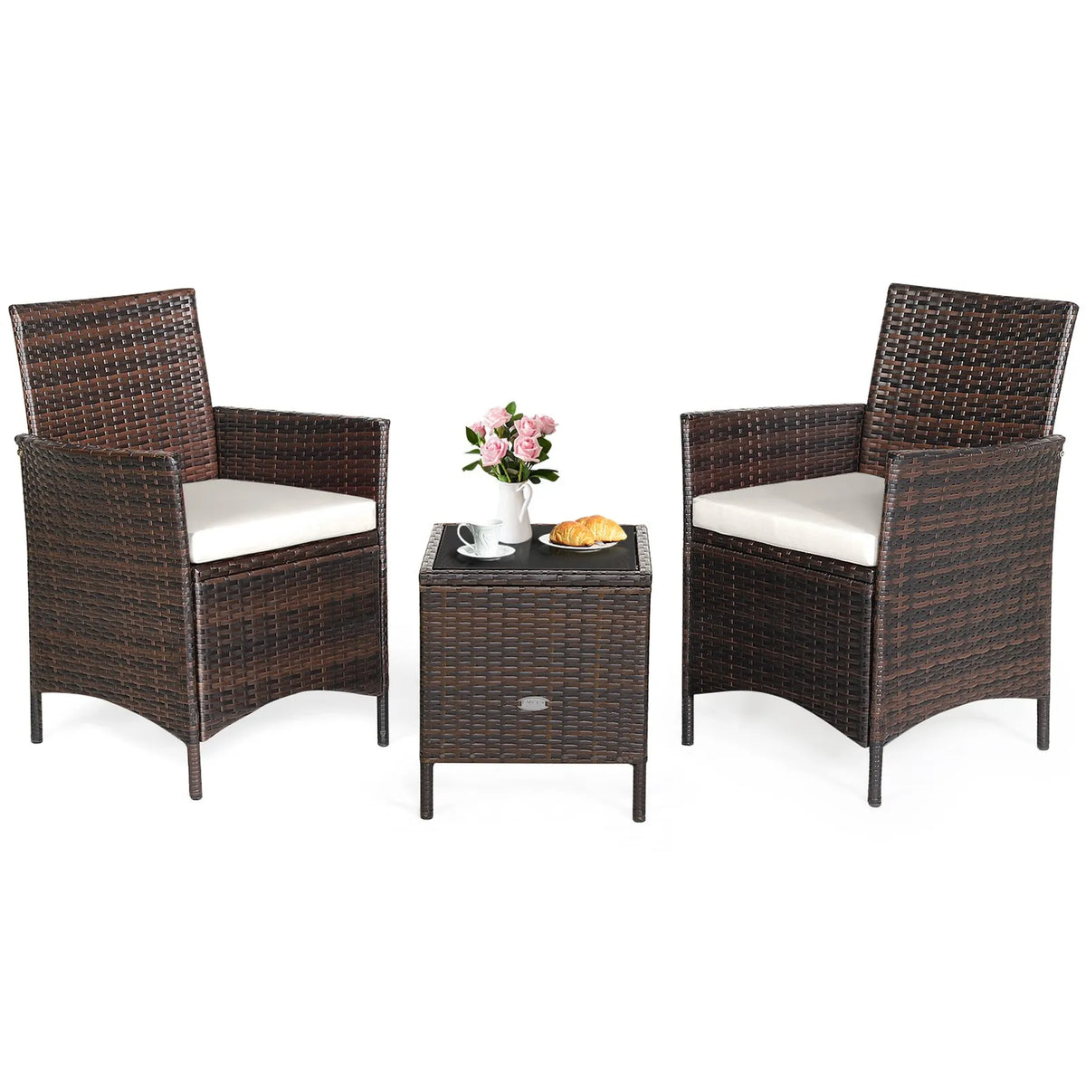 Garden Furniture Sets3PCS Rattan Patio Furniture Set with White Cushions for Outdoor Use