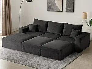 Sectional Cloud Boneless Sofa Bed Couches for Living Room-113'' Beige 3 Seater Modern Lounge Sleeper Couch-No Assembly-Modular C