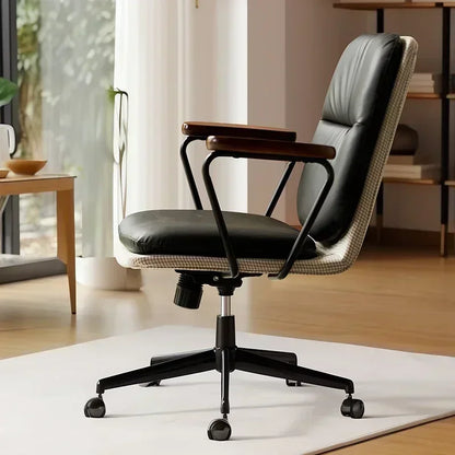 Comfortable Genuine Leather Chair Steel-Legged Adjustable Swivel Seat Ergonomic Desk Chair for Prolonged Sitting