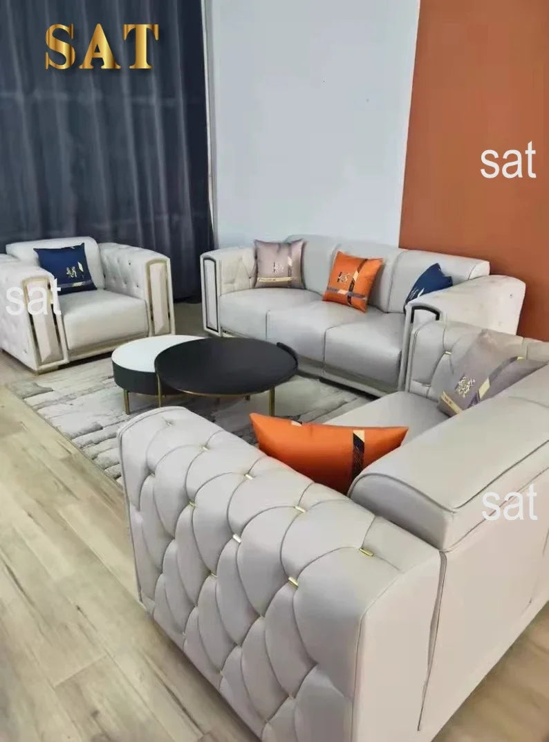 -Modern Luxury High-end Living Room Sofa Set Furniture Upholstered Full Leather Button Tufted Sofa Home