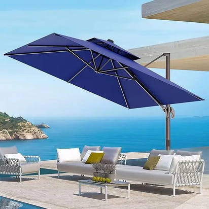 9' X 12' Cantilever Outdoor Patio Umbrellas Double Top Large Rectangle Umbrella Heavy Duty 360°Rotation Offset Umbrella for Gard