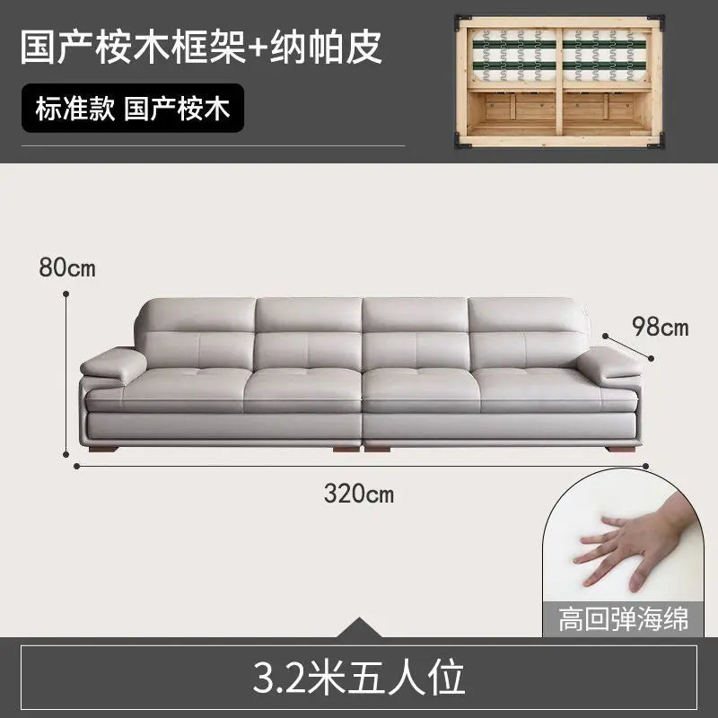 Modern minimalist leather sofa sized apartment living room three or four person cowhide sofa