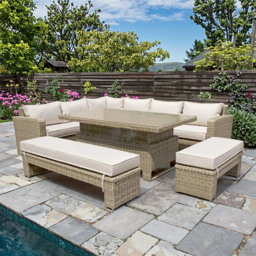 Luxury Outdoor Rattan Corner Sofa Set Durable Height Adjustable Table with Sectional Sofa for Villa Garden Leisure Furniture