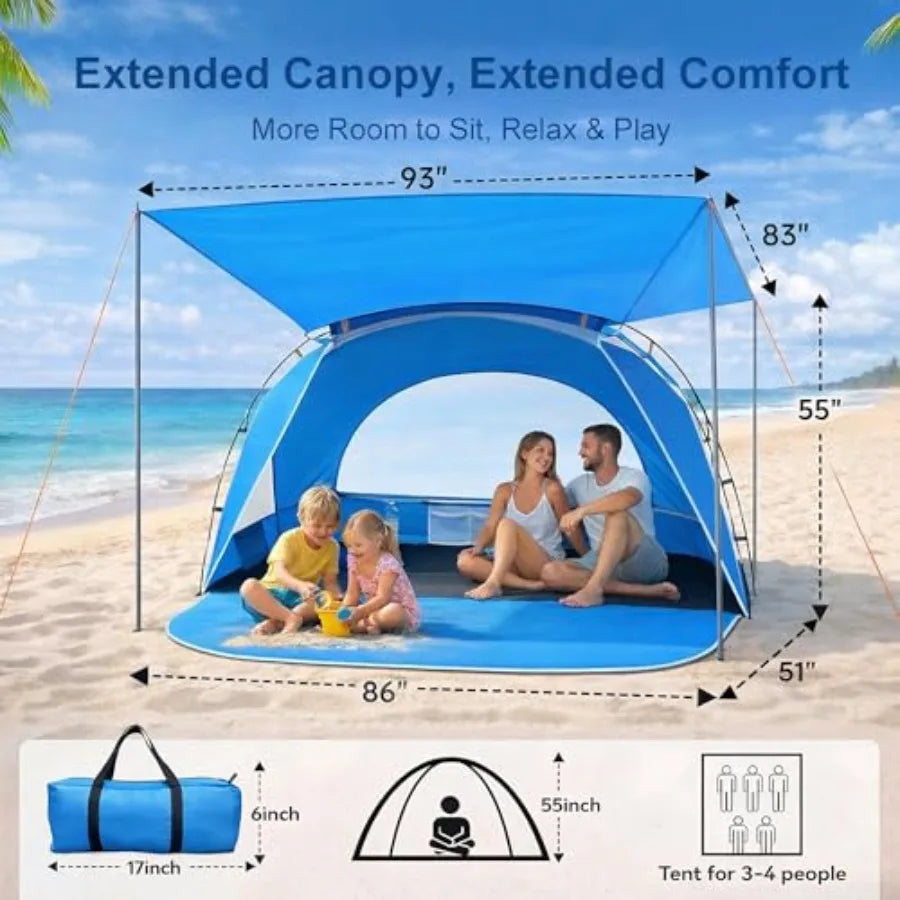 Beach Tent, Portable Sun Shelter for 3 Person with UPF 50+ UV Protection, Easy Setup Waterproof Beach Shade Canopy Cabana for Fa