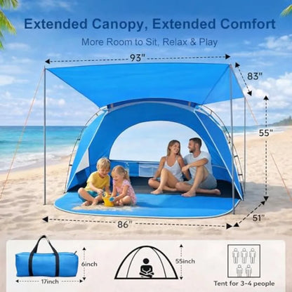 Beach Tent, Portable Sun Shelter for 3 Person with UPF 50+ UV Protection, Easy Setup Waterproof Beach Shade Canopy Cabana for Fa