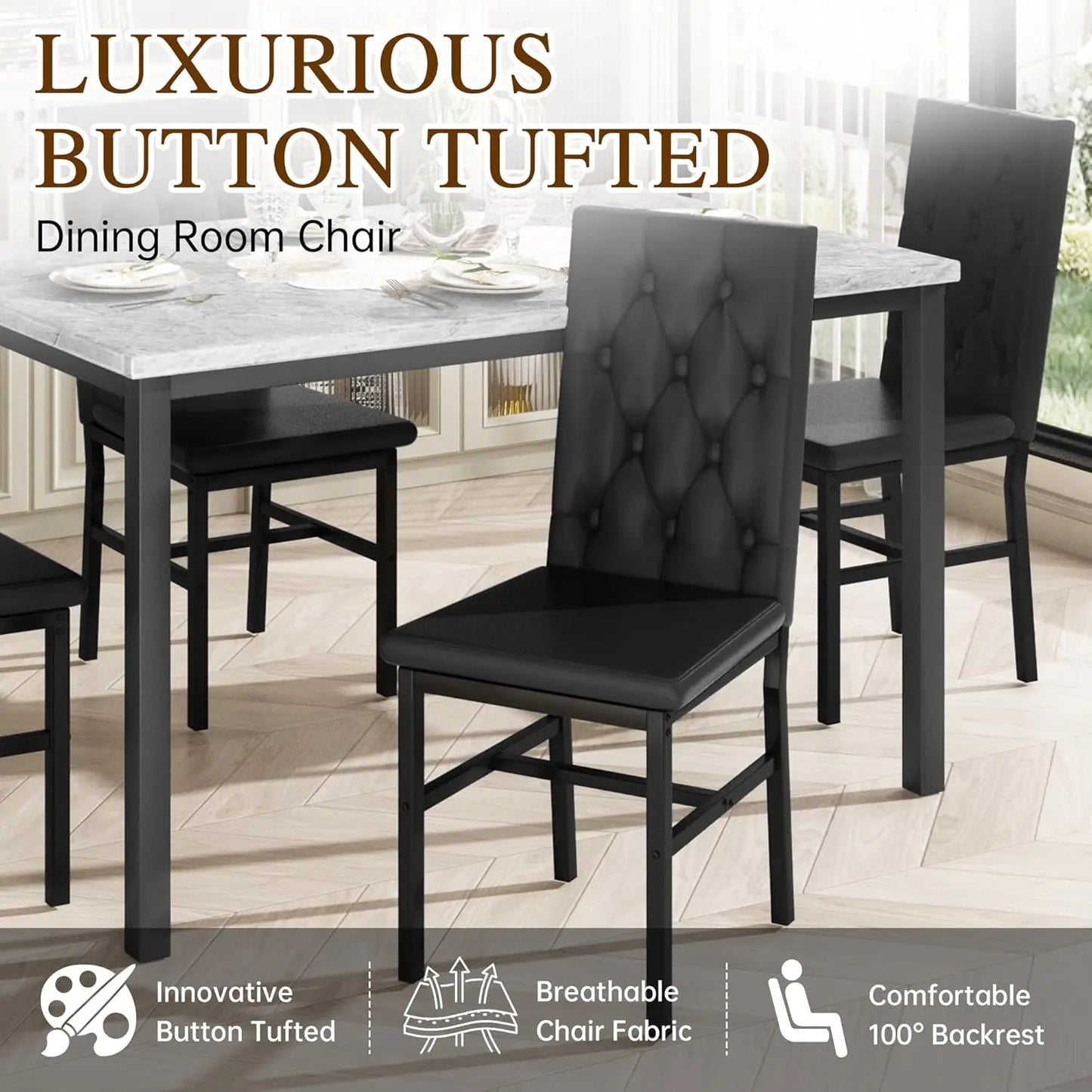 Dining Table Set for 4, Faux Marble Kitchen Table with 4 Button Tufted Chairs (Gray)