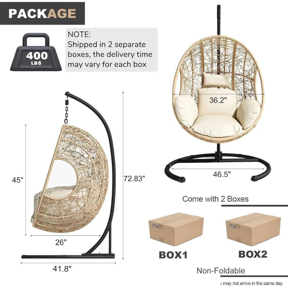 Hanging Egg Chair with Stand, Oversized Patio Swing Chair with Stand and Cushion, Hammock Wicker Rattan Lounge Chair