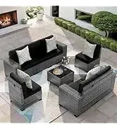 QAZ8-7 Piece Patio Furniture Set Fire Pit Table. Outdoor Conversation Sets Wicker Rattan Sectional Sofa with Coffee TSZ