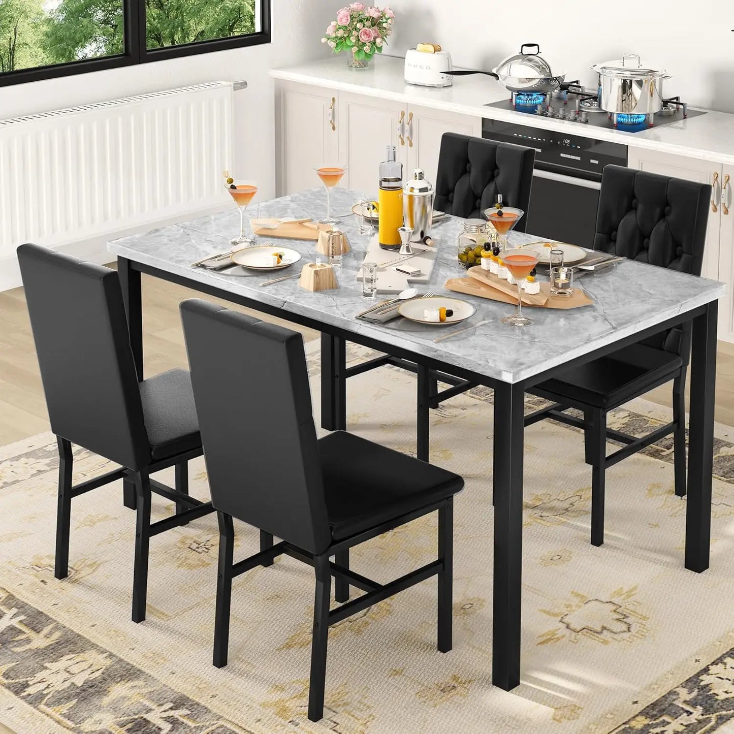 Faux Marble Dining Table Set for 4, Gray Button Tufted Chairs, Kitchen & Dining Room