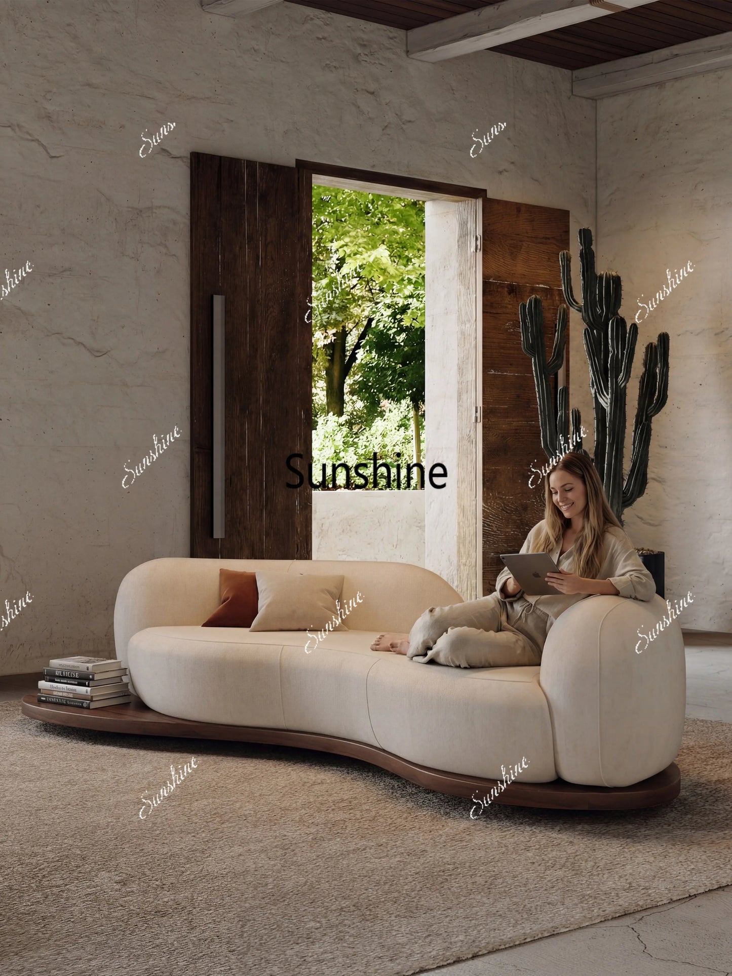 Medieval wabi-sandy wind solid wood curved living room small apartment hotel homestay reception sofa