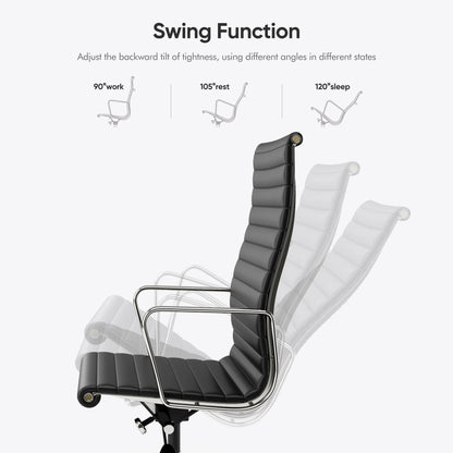 High Back Ribbed Genuine Leather Office Chair Adjustable Ergonomic Computer Chair with Aluminium Alloy Frame  Swivel Chair