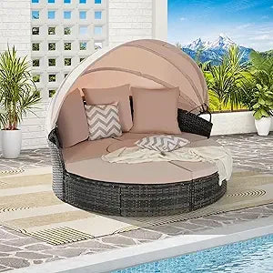 All-Weather Patio Round Outdoor Sectional Sofa Set with Retractable Canopy,Rattan Daybed Two-Tone Weave Sunbed with Separate Se