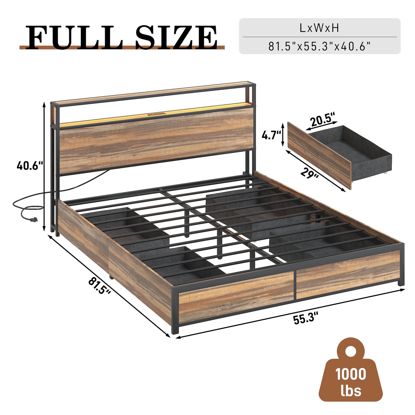 LED Bed Frame Full/QueenKing Size with 2 USB Ports and Outlets, Platform Metal Bed Frame with 4 Storage Drawers and Headboard