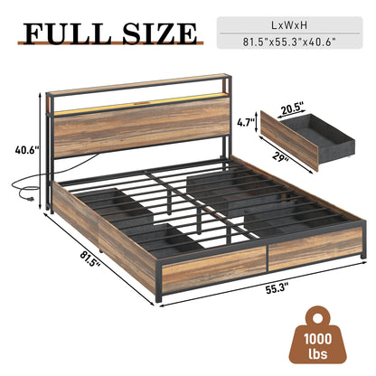 LED Bed Frame Full/QueenKing Size with 2 USB Ports and Outlets, Platform Metal Bed Frame with 4 Storage Drawers and Headboard