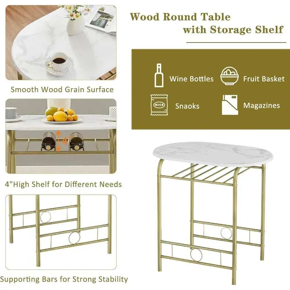 v 3 Piece Small Round Dining Table Set for Kitchen Breakfast Nook, Wood Grain Tabletop with Wine Storage Rack, Save Space, 31.
