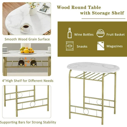 v 3 Piece Small Round Dining Table Set for Kitchen Breakfast Nook, Wood Grain Tabletop with Wine Storage Rack, Save Space, 31.