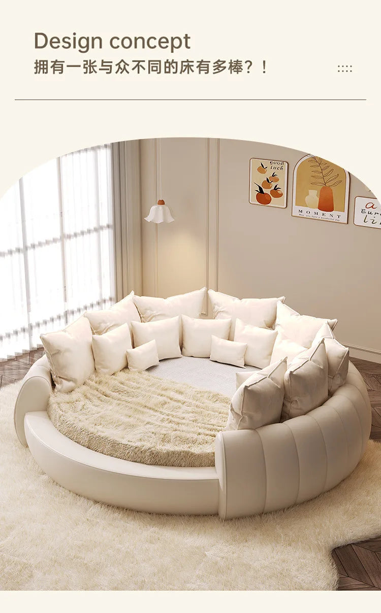 X 2.2×2m Master Bedroom Big Round Bed Modern Hotel Guest House Cream Wind Luxury White Leather Full Bed Frame Lazy Cloud Section