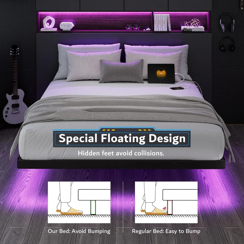 Floating Bed Frame with Charging Station and Led Light, Platform Metal Bed Frame with Heavy Duty Steel Slats Support