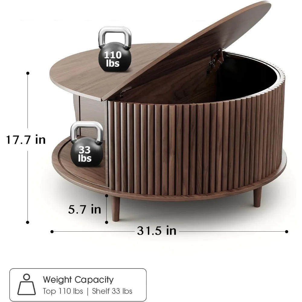 Round Coffee Table with Storage,Fluted Center Table with Sliding Cabinet Door for Living Room,Home Small Space