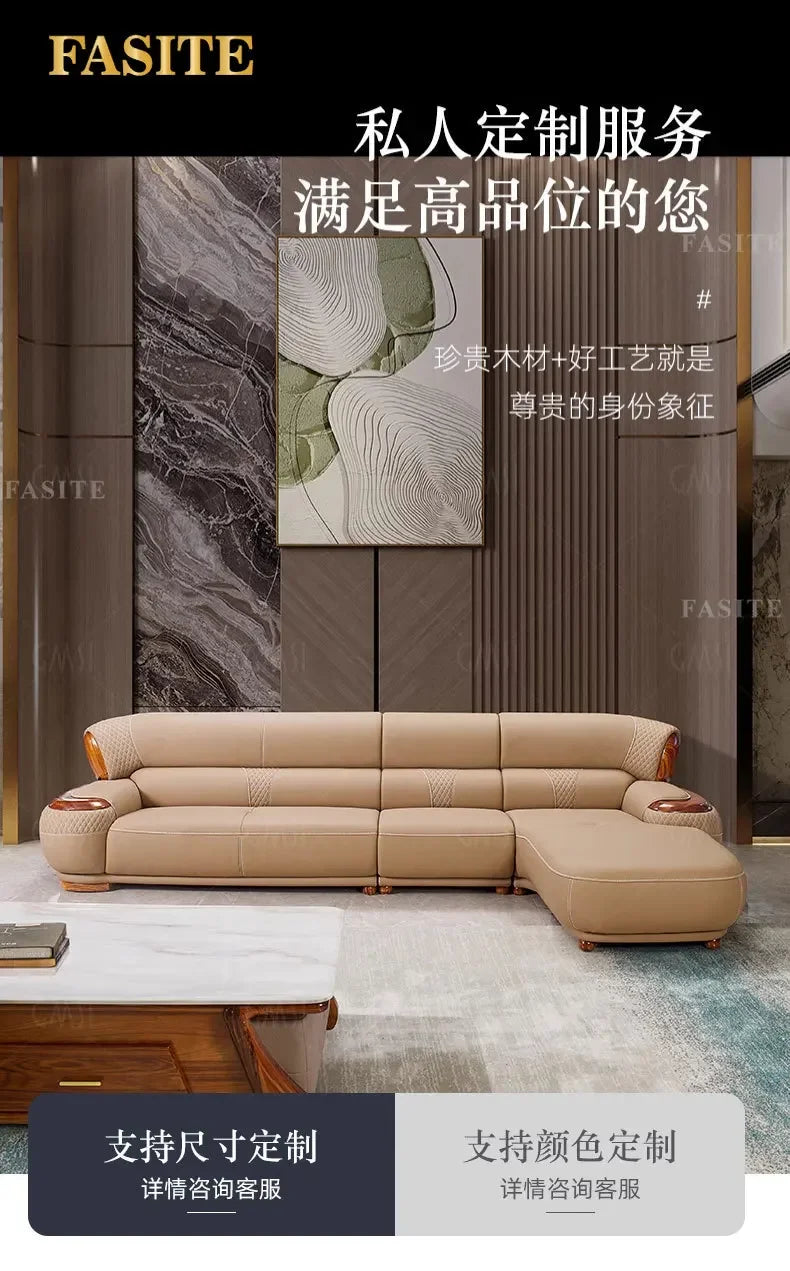 European leather sofa combination high-end living room corner luxury ebony wood first layer cowhide