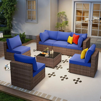 Seven Piece Patio Set, Rattan Wicker Sectional Sofa, Modern Modular Conversation Furniture