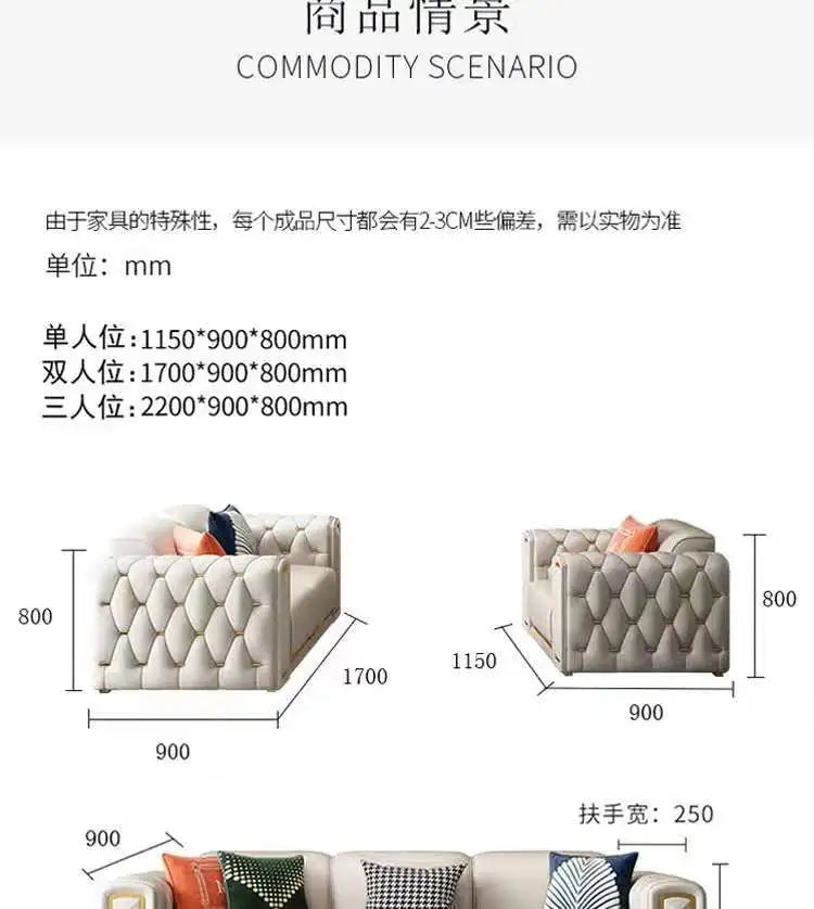 Italian light luxury sofa living room leather sofa first layer cowhide buckle design luxury combination sofa size apartment
