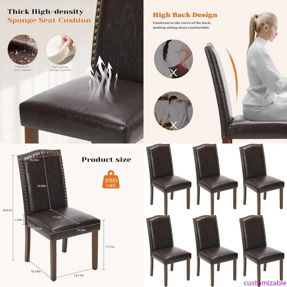 Mid-Century Modern Upholstered Leather Dining Chairs Set of 6 for High-End Kitchen and Dining Rooms