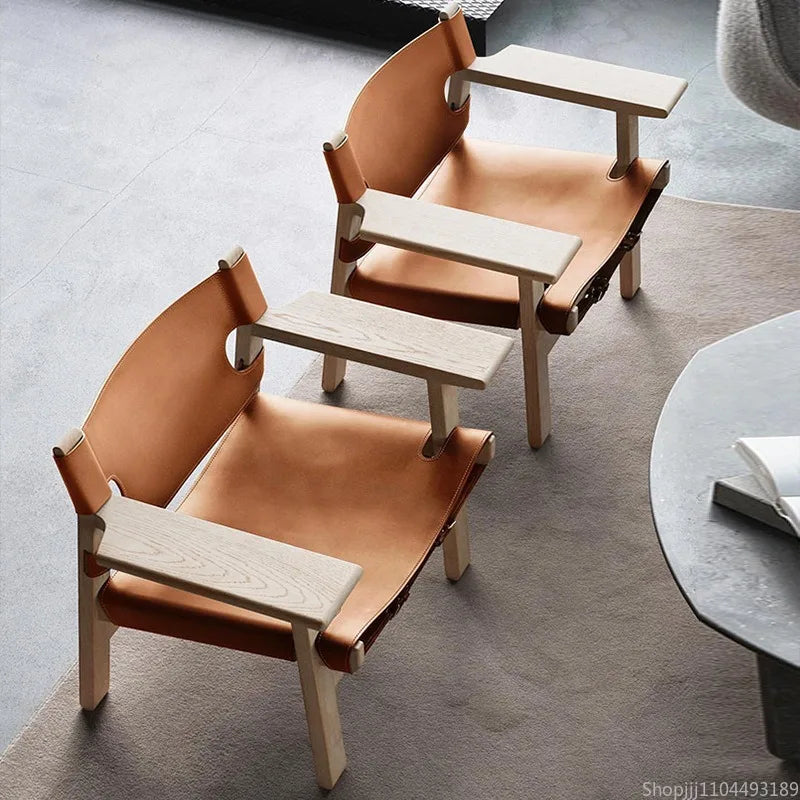 Nordic Solid Wood Living Room Chair Spanish Designer Saddle Leather Hunting Chair Living Room Furniture Balcony Leisure Chairs