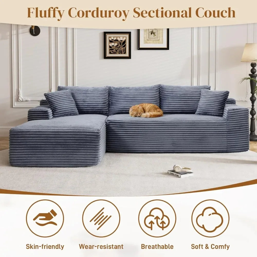 95" Modular Sectional Sofa L Shaped Couch for Living Room, Fluffy Corduroy Deep Seat with Chaise, Grey No Assembly